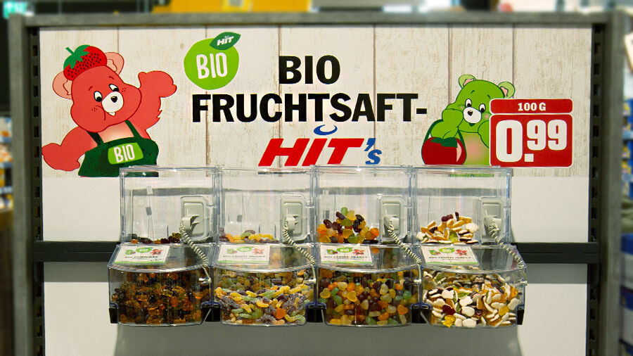 Werbetafel für die Bio Fruchtsaft-HIT's